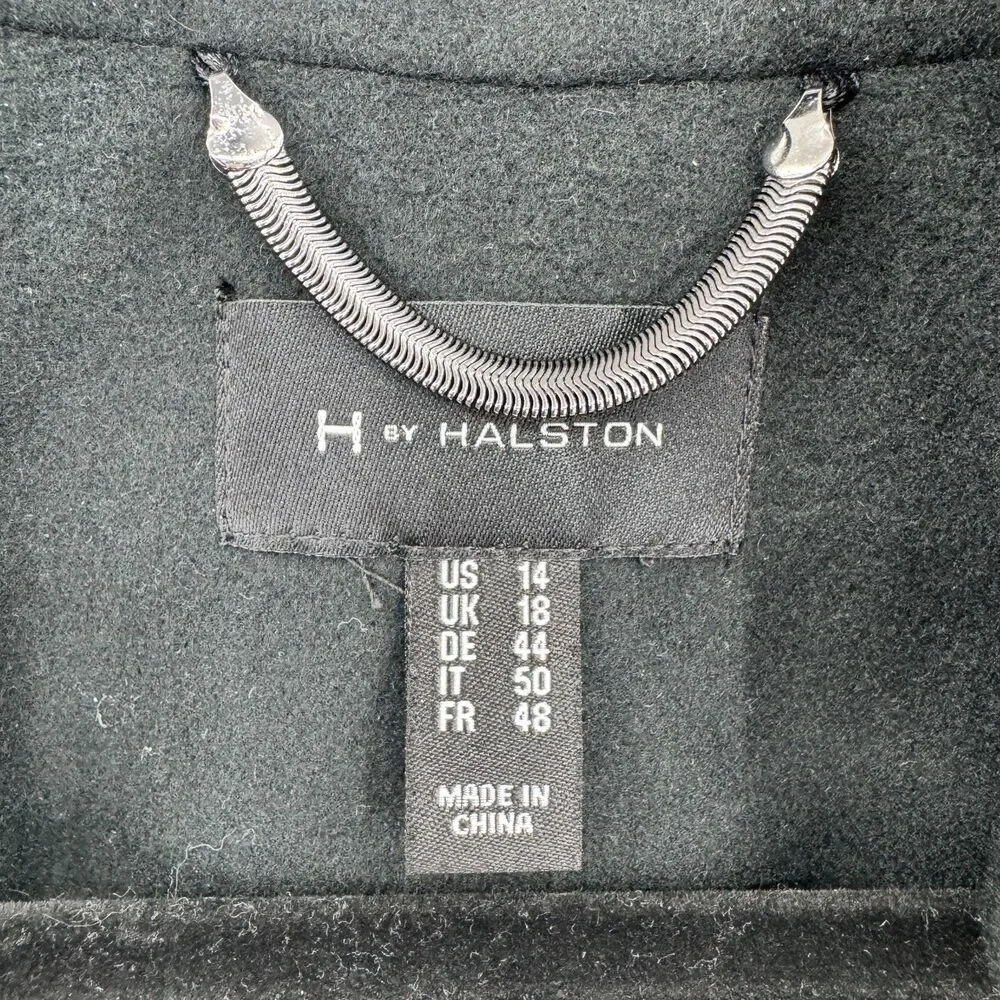 H BY HALSTON Black Snap Front Long Modern Minimalist Peacoat Coat Size 14